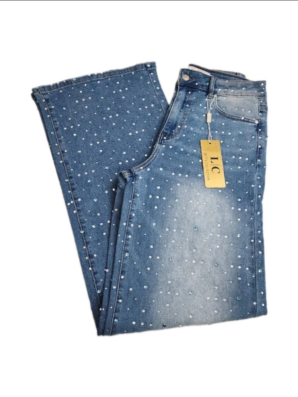 Luxury Jeweled Jeans Wide-Leg Crystal Embellishments High-Rise Size 26/32